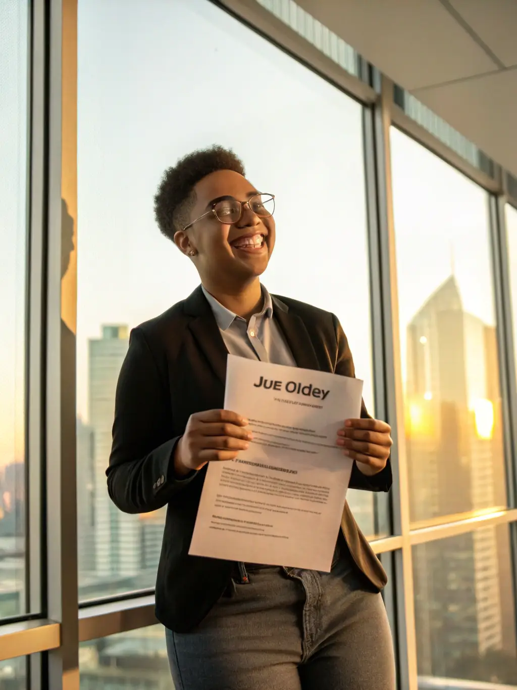 A person celebrating a job offer, symbolizing successful career transition.