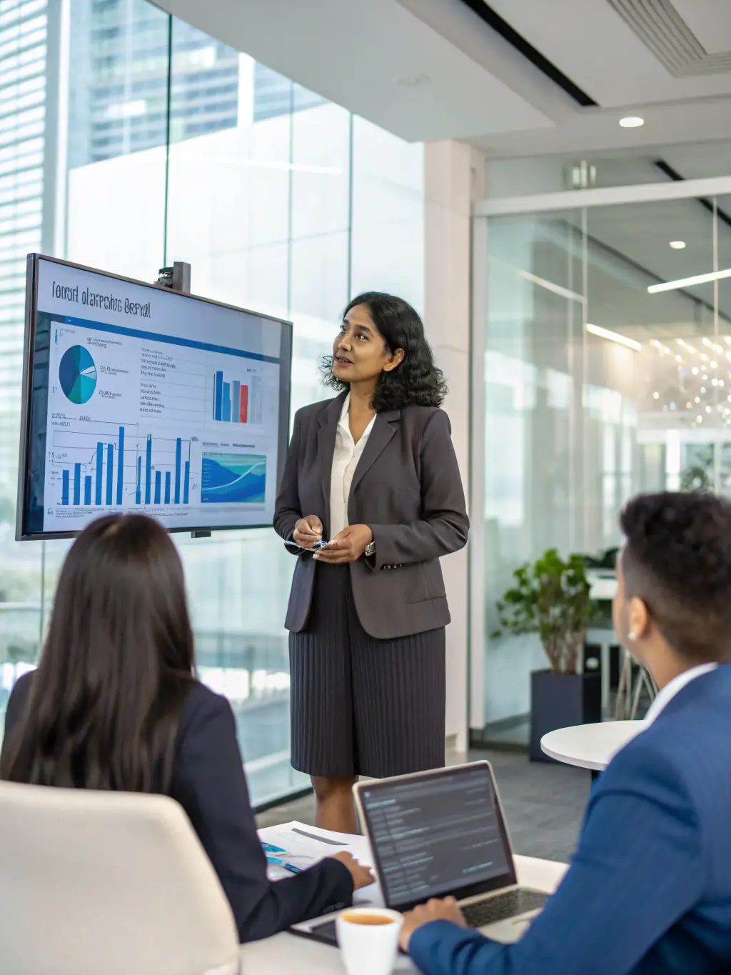 A professional Indian woman in her late 20s, dressed in business casual attire, confidently presenting a career plan on a digital tablet to a young man in a modern co-working space, symbolizing personalized career planning services.