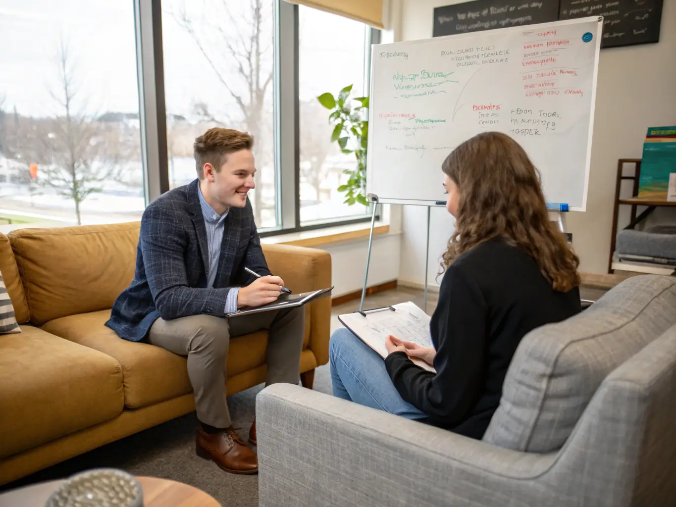 An image of a coach guiding a client through a career planning session with charts and laptops, symbolizing personalized career guidance.