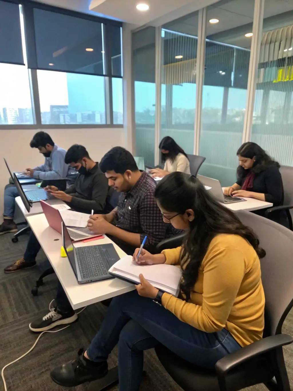 A diverse group of Indian professionals participating in a skill development workshop, focusing on digital marketing, with a whiteboard displaying key concepts and a facilitator guiding the session.