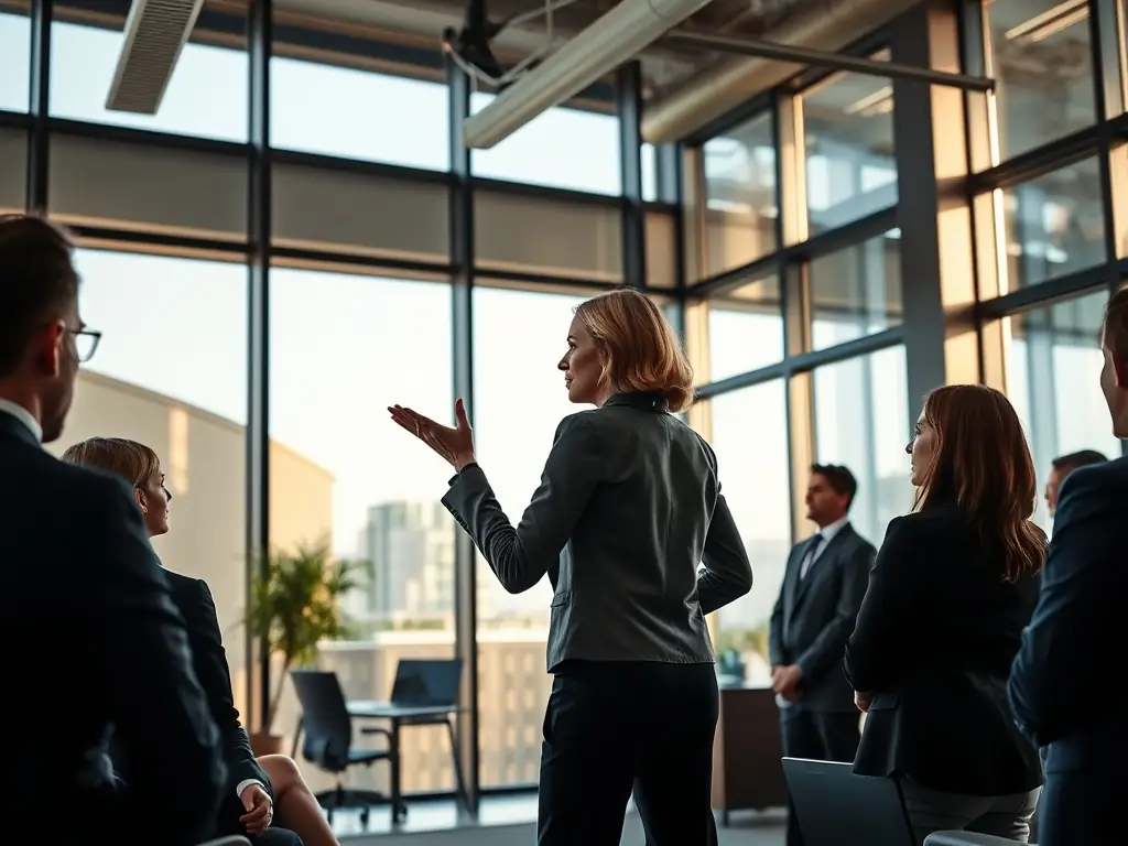 A professional Indian woman confidently presenting a project in a modern office, showcasing career success and leadership.